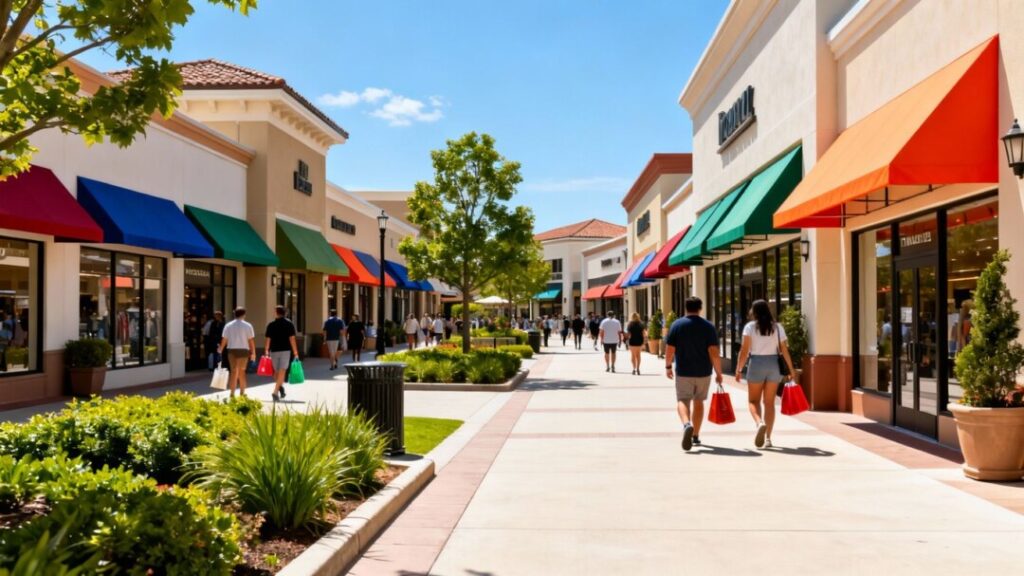 Open-air retail center with storefronts and shoppers.