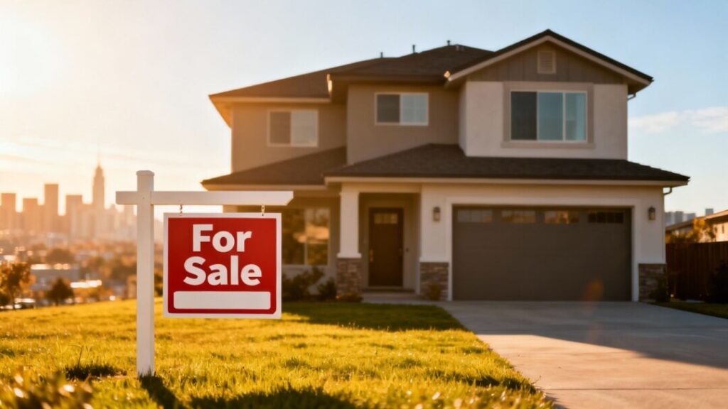 House with a sale sign, cityscape background, sunny day.