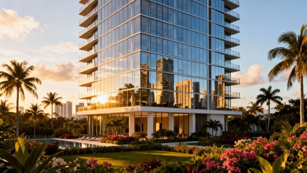 Contemporary luxury condo tower in Midtown Miami with lush landscaping and floor-to-ceiling glass