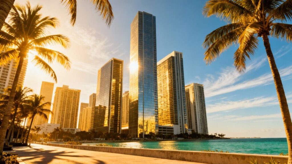 Miami skyline with palm trees and ocean view.