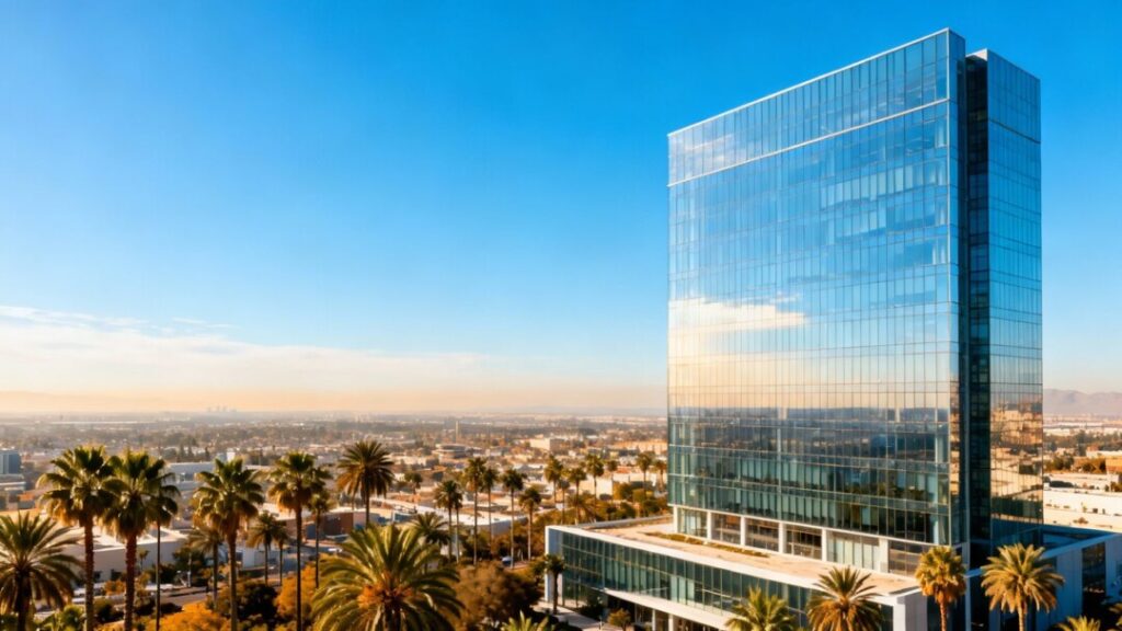 Miami skyline with a prominent modern skyscraper.