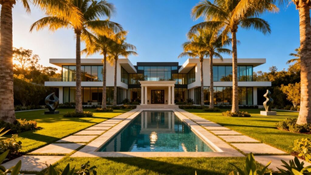 Ultra-luxury mansion with pool and palm trees.