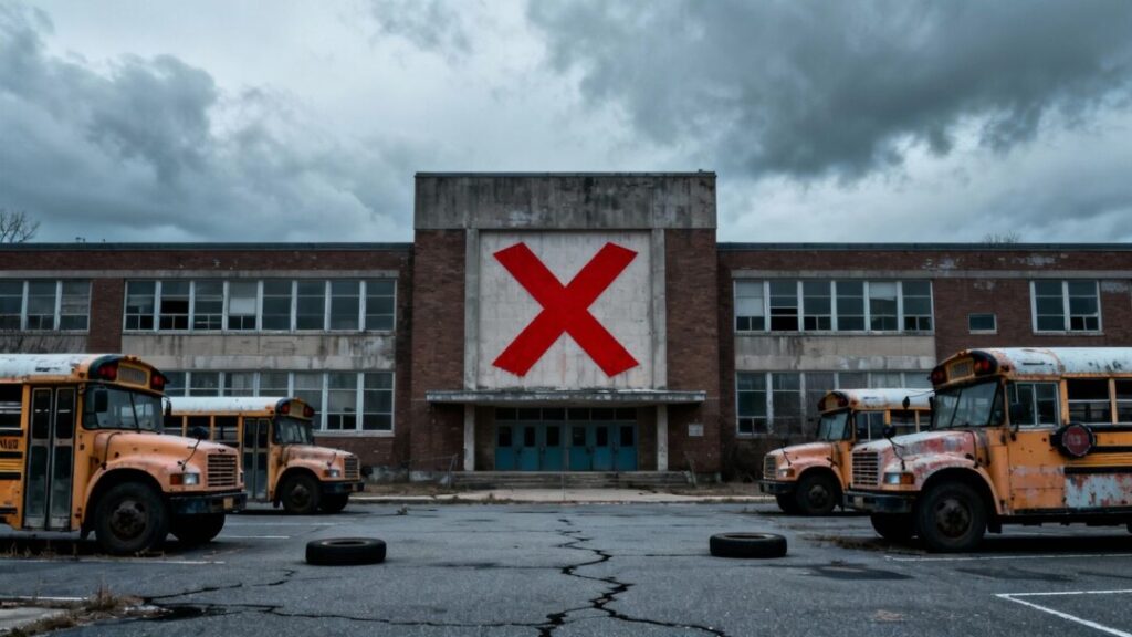 School building with red X, empty buses, cloudy sky.