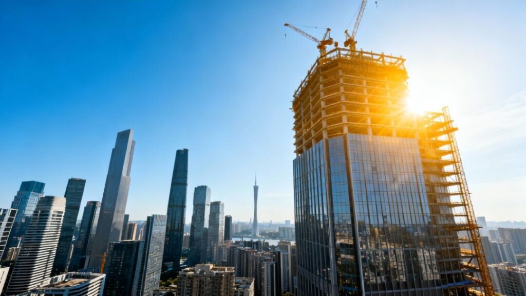 Florida skyscraper construction with cranes and city skyline.