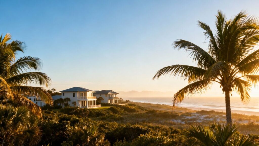 Florida coast with houses and palm trees.