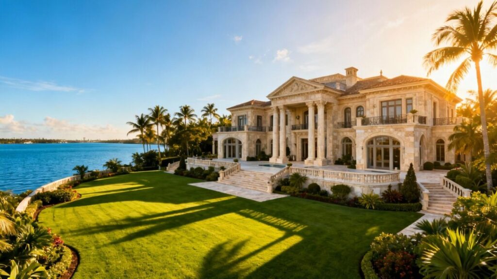 Florida luxury mansion with waterfront view.