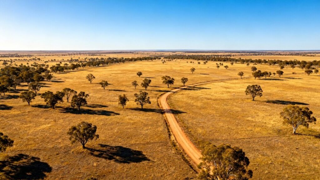 Vast undeveloped land parcel with trees and a dirt road.