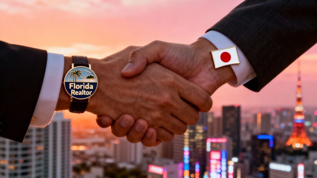 Florida and Japan real estate professionals shaking hands.