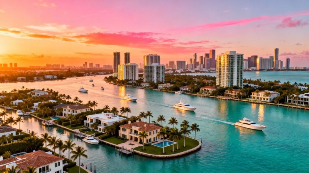 Miami skyline with luxury homes and yachts.