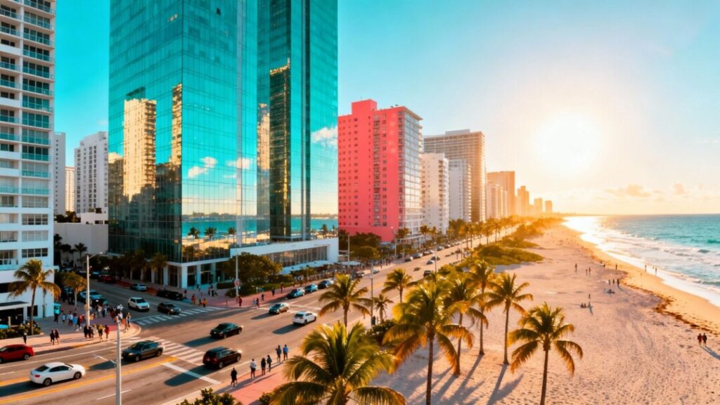 Florida and Texas skylines with sun and housing market imagery.