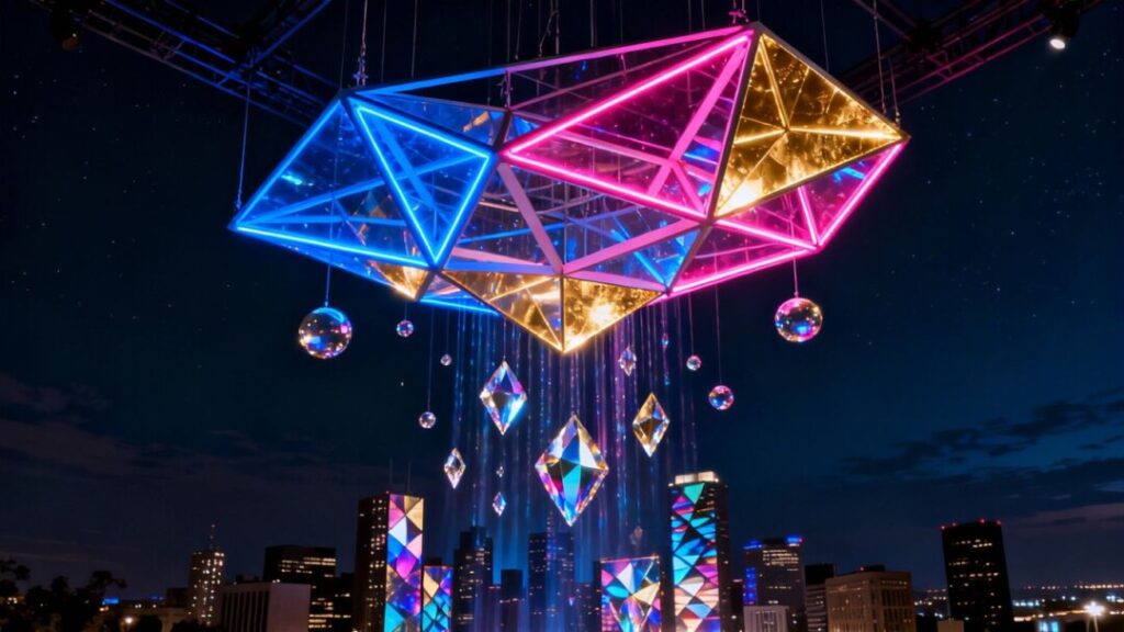 Illuminated art installation hangs in Miami's night sky.