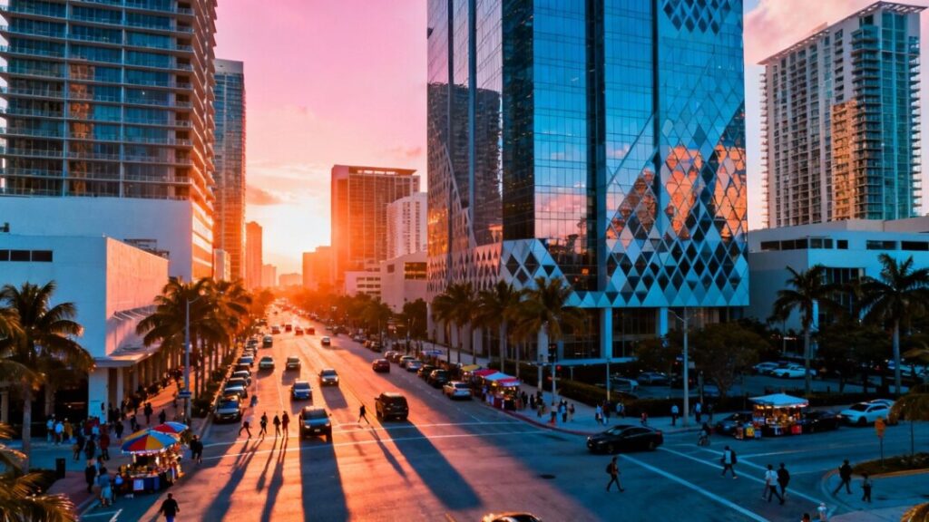 Miami commercial real estate cityscape at sunset.
