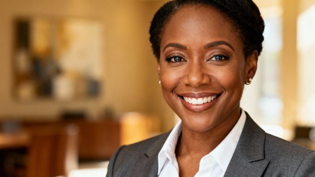 [Aminta Goynes] smiling in a professional portrait.