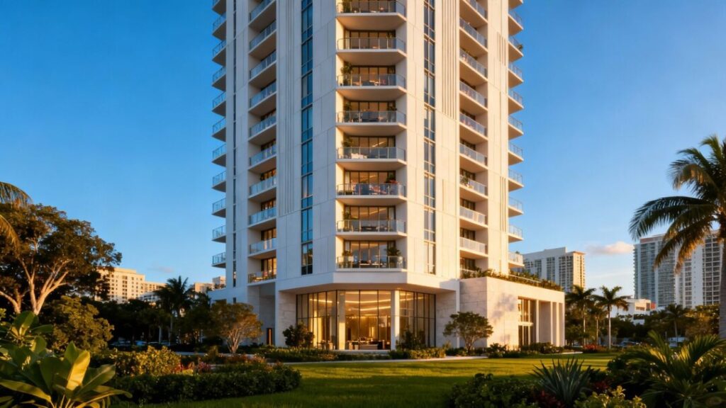Luxury Coral Gables condo tower with landscaping.