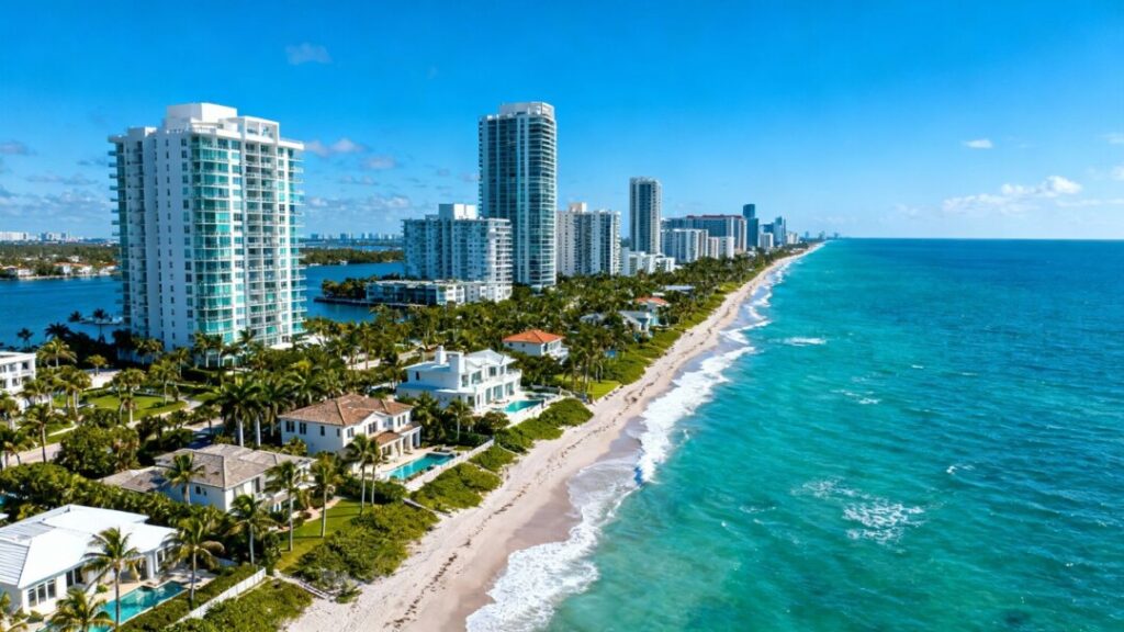 South Florida coastline with luxury homes and ocean.