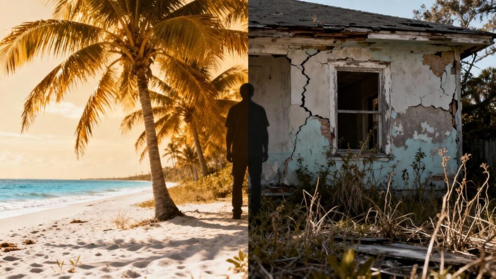 Florida coast versus a decaying home, symbolizing property tax uncertainty.