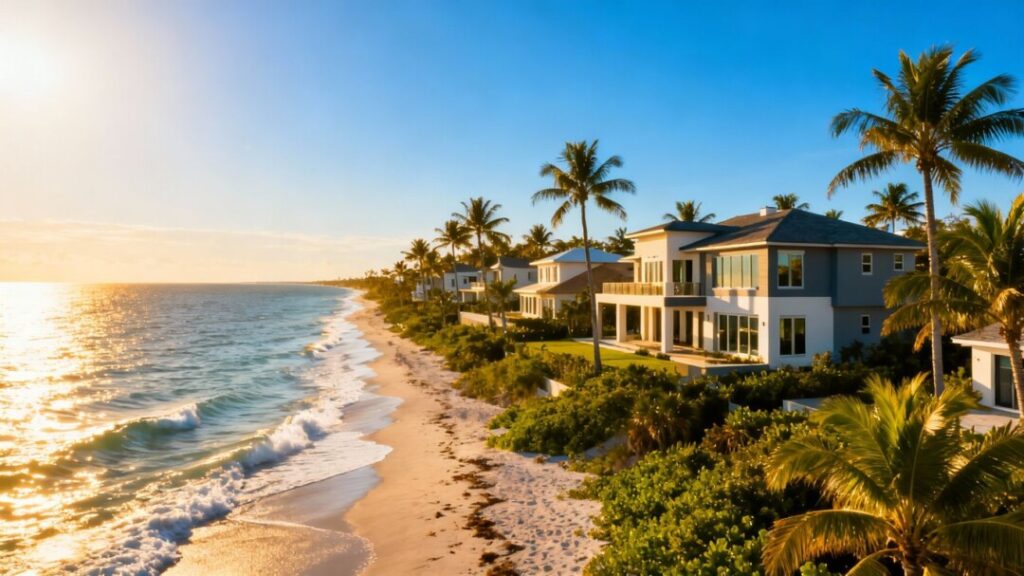 Florida homes by the ocean with palm trees.