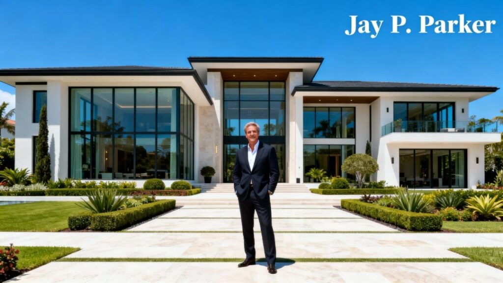 Jay P. Parker in front of a luxury Florida mansion.