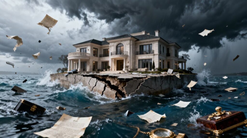 Sinking mansion symbolizing Florida real estate crisis.