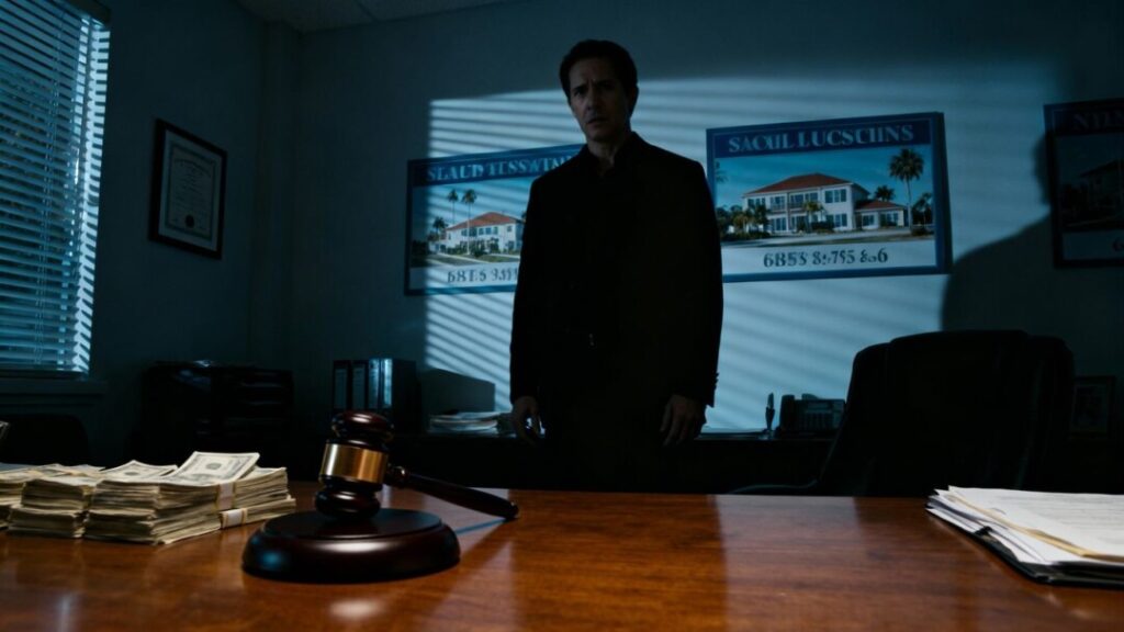 Real estate office with gavel and money, hinting at embezzlement.