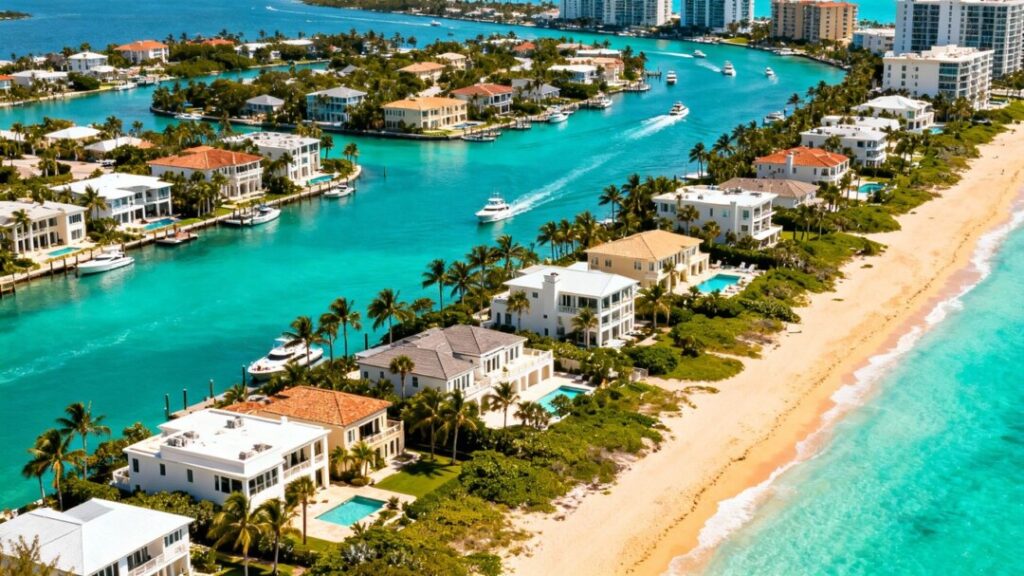 Florida coastline with luxury homes and palm trees.