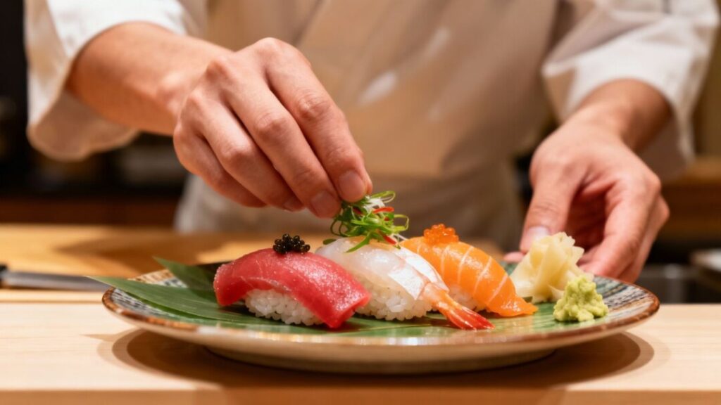 Chef Yasu Tanaka prepares an exquisite omakase sushi dish.