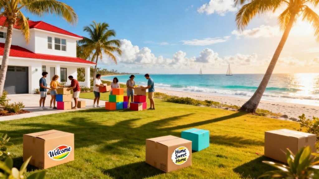 Florida coastline with people moving into new homes.