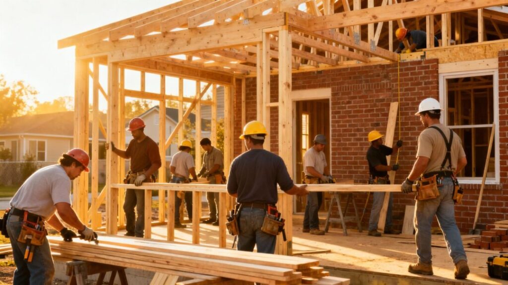 Construction workers building a house, contributing to housing production.
