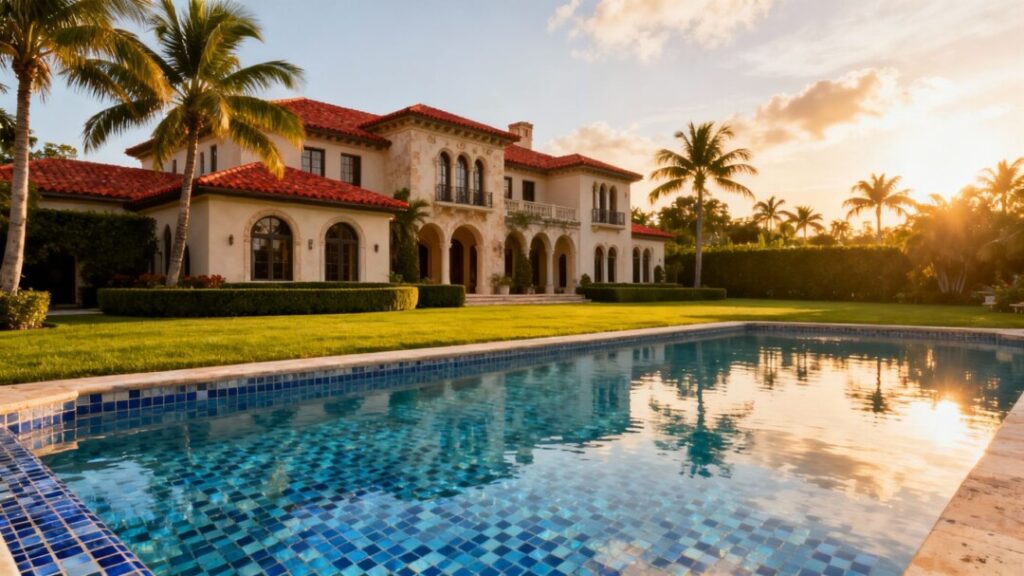 Luxury Coral Gables mansion with pool and palm trees.