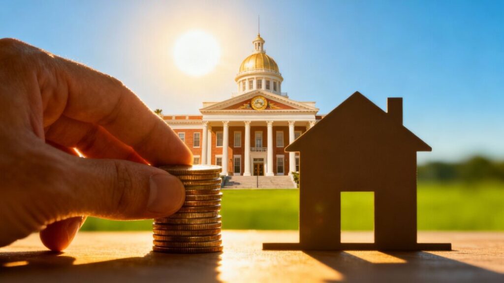 Florida capitol building with coins and house silhouette.