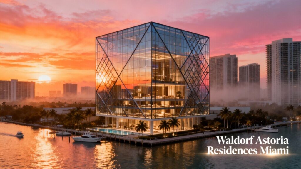 Stunning render of Waldorf Astoria Residences Miami's unique glass cube design on the Miami skyline, at sunset, highlighting its ultra-luxury appeal and waterfront location