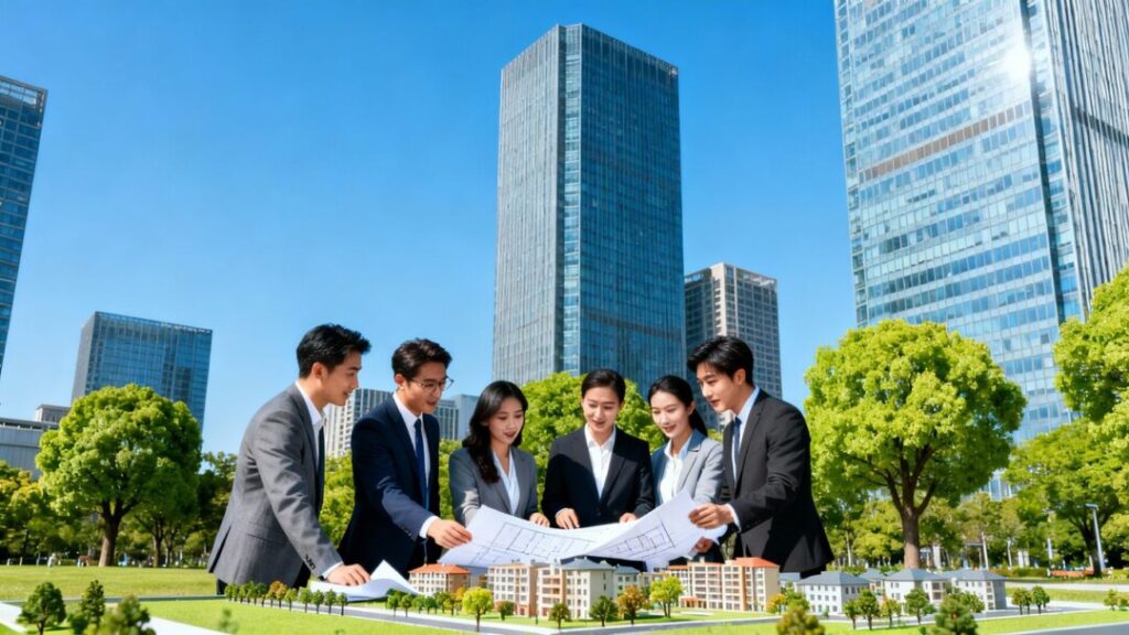 Florida investors reviewing real estate plans in a city.