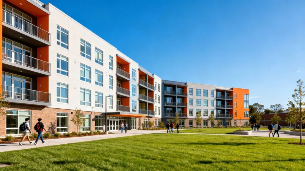 Modern student housing complex with students outdoors.