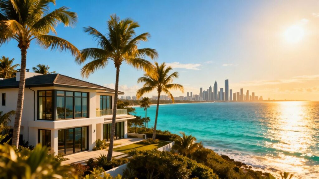 Florida coastline with homes and palm trees.