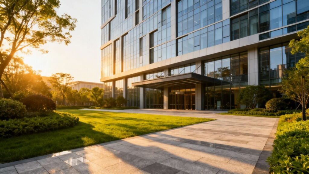 Modern commercial building with green landscaping.