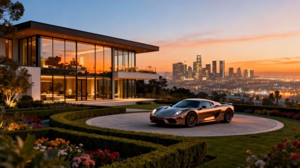 Luxury mansion overlooking city skyline at dusk.