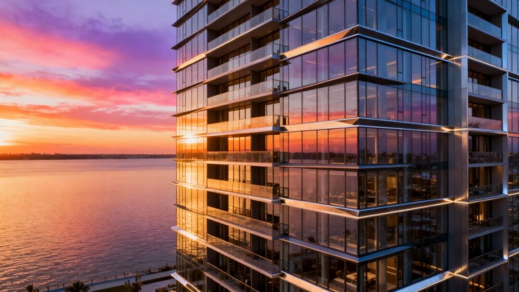 Ultra-modern waterfront residential tower with panoramic views and sunset colors