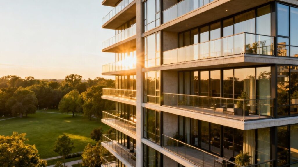 Luxury condo building adjacent to a park.