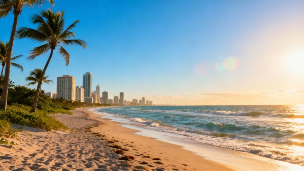 Florida coastline with cityscape and palm trees.