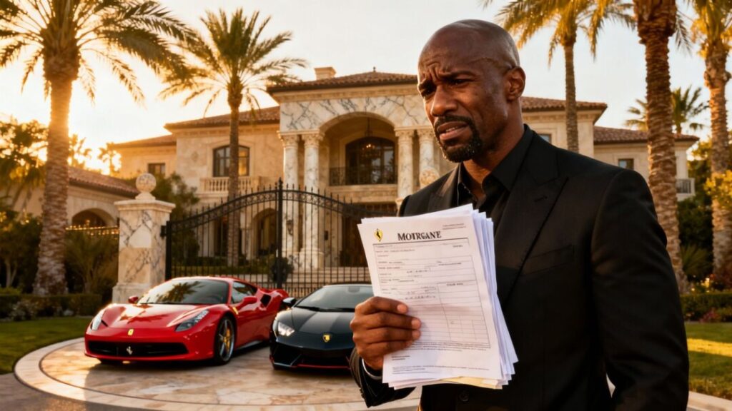 Floyd Mayweather worried in front of his mansion.