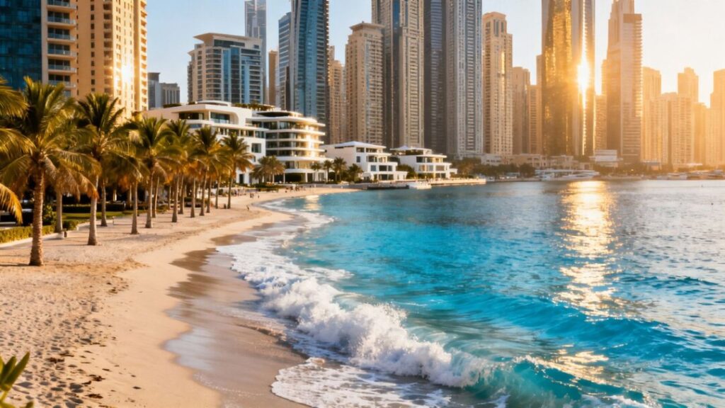 South Florida skyline with luxury buildings and ocean.