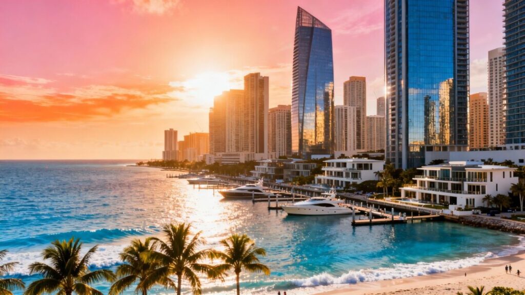 South Florida skyline with luxury buildings and ocean.
