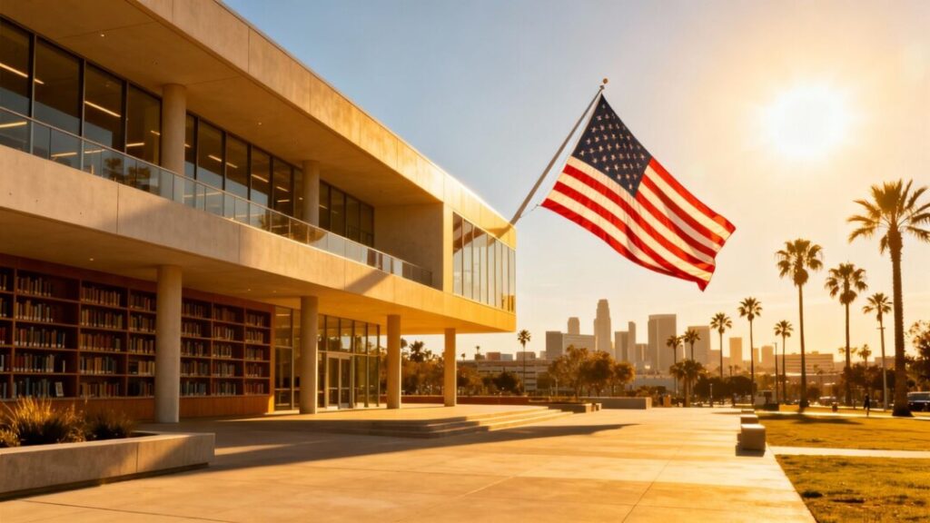 Modern library building with American flag and cityscape.