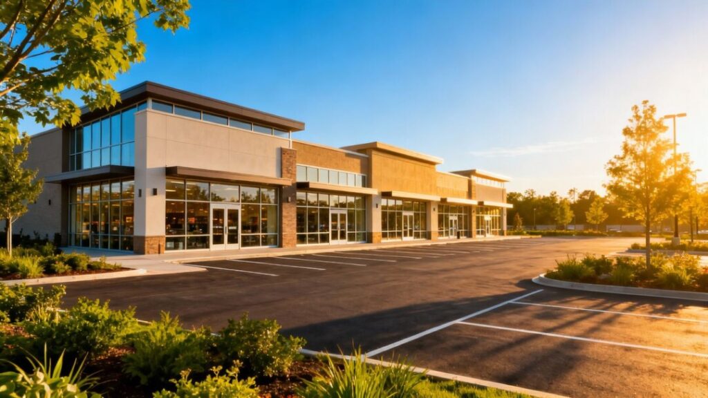 Retail complex with storefronts and parking lot.