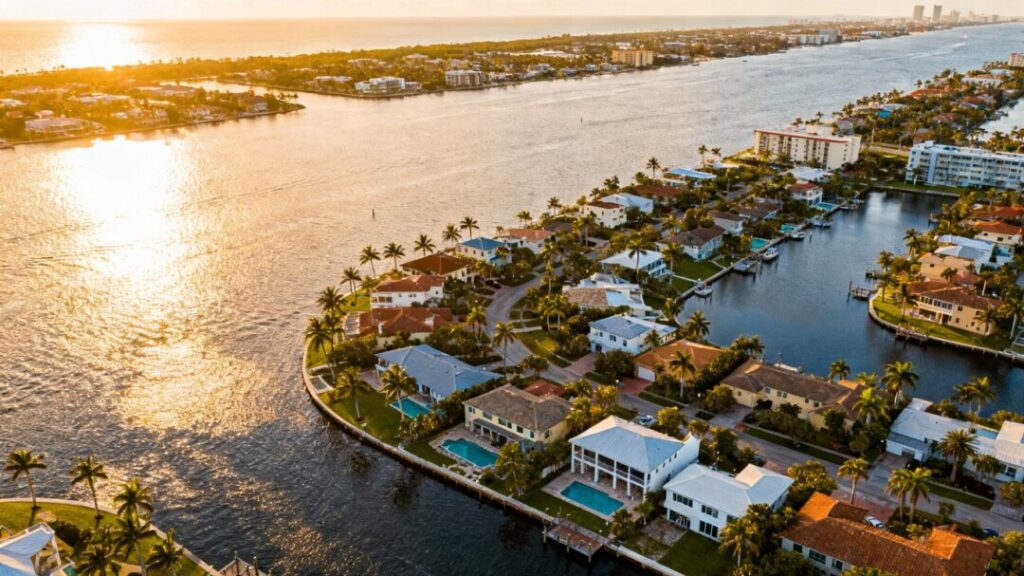 Florida coastline with real estate development and palm trees.