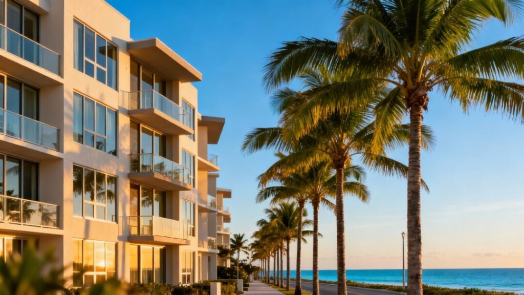 South Florida condo building with palm trees and ocean view.