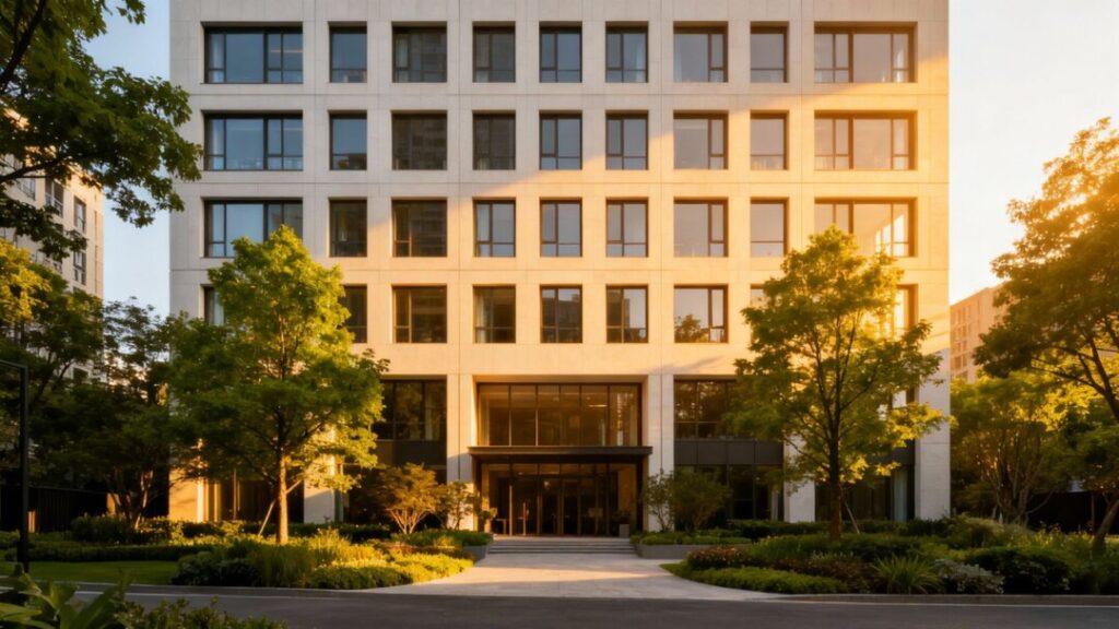 Bristol Plaza apartment building exterior with trees and sunlight.