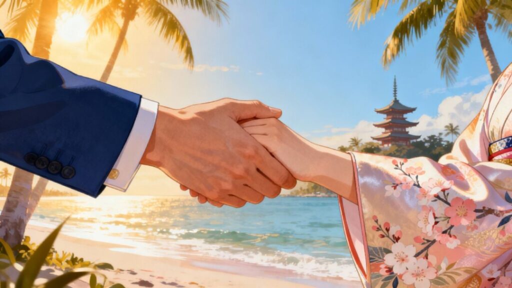 Florida and Japan real estate partnership handshake.