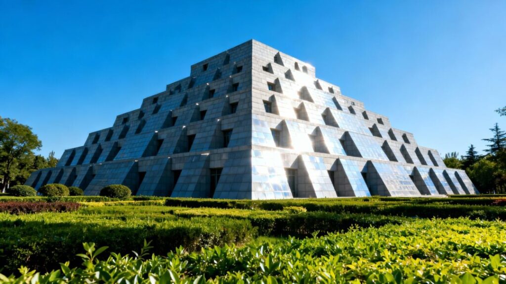 Modern ziggurat-shaped building with lush landscaping.
