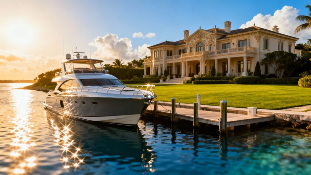 Luxury waterfront mansion with yacht and clear sky.